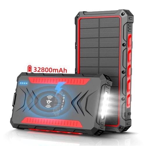 Feeke Solar Power Bank 32800mAh, Solar Charger, Qi Wireless Charger, Outputs 5V/3A High-Speed & 2 Inputs Huge Capacity Phone Charger for Smartphones, IP66 Rating, Strong Light LED Flashlights (Red)