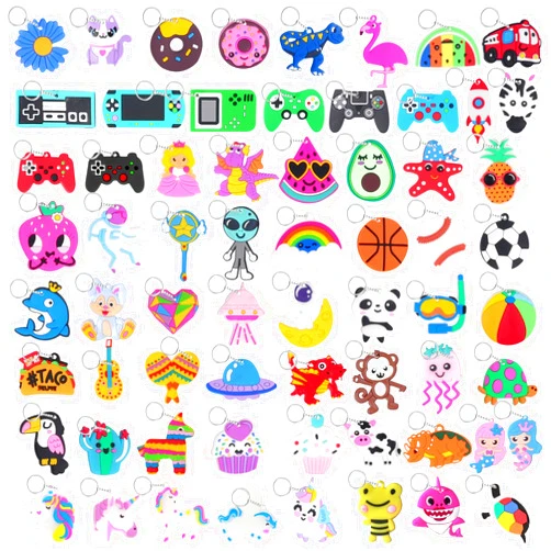 DIZRNOI 65 PCS Cartoon Keychain for Kids Party Favors With Video Game Animal Mermaid Dinosaur Ball Donut Fruit Gift School Prize Goodie Bag Stuffers Birthday Party Supplies