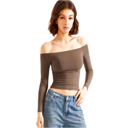 SUUKSESS Women Off Shoulder Double Lined Long Sleeve Shirts Basic Going Out Tops