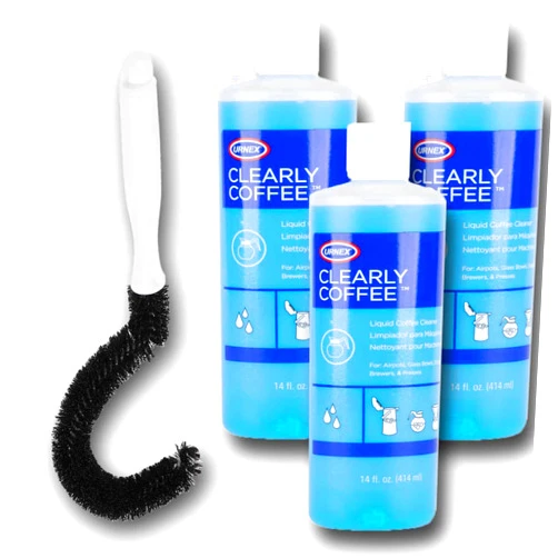 Sparklen Urnex Clearly Coffee Pot Cleaner, French Press Liquid Cleaner for Brewers Glass Bowls and Thermal Servers Removes Coffee Oils (3 x14 Ounce) bundled with Sparklen Curved Coffee Pot Cleaning Brush