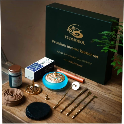 TUDMOEOL Powder Incense Burner Kit in Gift Box - Complete Powdered Ash Incense Burner Set with Censer and Art Mold Press Tools, for Yoga, Meditation, and Relaxation (Blue)