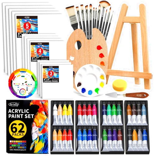 ARTALLY Acrylic Paint Set for Adults & Kids, 62 Pcs Canvas Painting Kits, 32 Colors Acrylic Paint (22ML),Table Easel,Brushes,Canvas, Art Painting Supplies Kit for Students,Artists,Beginners