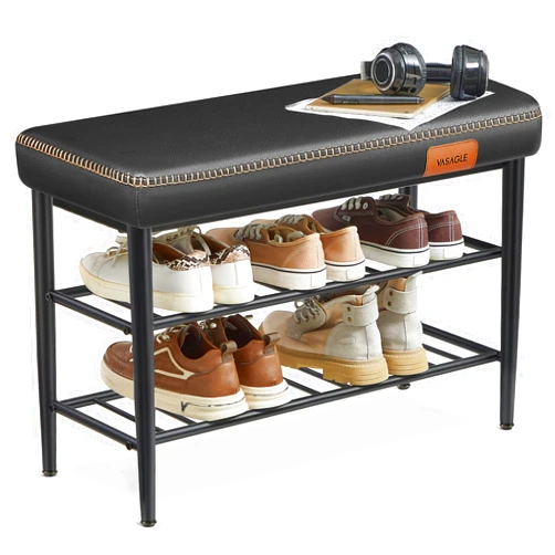 VASAGLE EKHO Collection - Shoe Bench, Storage Bench, Shoe Rack Bench Entryway, Synthetic Leather with Stitching, Mid-Century Modern, Loads 300 lb, 11.8 x 31.5 x 19.7 Inches, Ink Black ULSB054B01