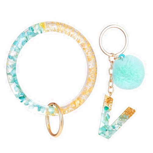 QYDCX Letter A-Z Keychian Teal Resin Bracelet Handmade Key Ring Wrist Pom Pom Wristlet Circle Bracelet Holder for Women Girls
