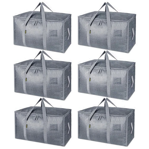 BALEINE 6-Pack Oversized Moving Bags with Reinforced Handles, Heavy-Duty Storage Tote for Clothes, Moving Supplies (Winter Grey, 6-Pack)
