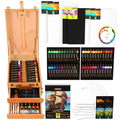 VISWIN Deluxe Acrylic Paint Set, 74 Pcs Complete Art Supplies with Tabletop Sketch Box Easel, 48 Colors Acrylic Paints, Canvas, Paint Brushes, Painting Kit for Adults, Art Set for Artists, Beginners