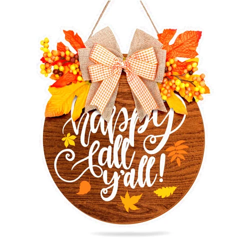 Whaline Fall Wooden Door Sign Happy Fall Y'all Door Decor with Bow Maple Leaf Berry Thanksgiving Wreath Decorations Rustic Farmhouse Wood Door Hanger for Autumn Harvest Holiday Home Office Window