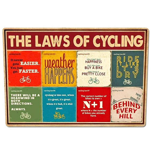 Pzecaru Bicycle Tin Sign Vintage Retro Metal Poster THE LAWS OF CYCLING Wall Art Hanging Decorative Plaque For Farm Bedroom Garage Bathroom Club Man Cave Bar Cafe Wall Decoration 12x17 Inch