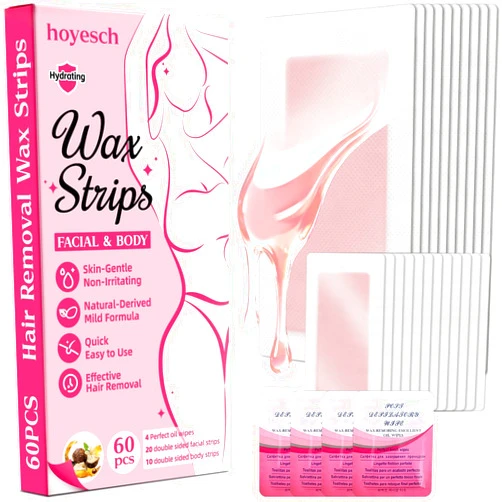 Hoyesch 60 PCS Wax Strips - 40 Facial & 20 Body Waxing Kit for Women’ s Hair Removal,Wax Strips for Face,Eyebrow,Body, Arms, Legs, Chest, Back, Bikini/Brazilian Waxing Strips & 4Calming Oil Wipes