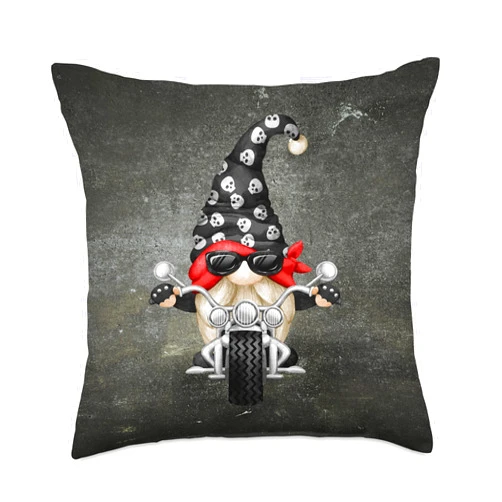 Cool Biker Gnomes For Motorcyclist By MiGiLaMo Retro Biker Gnomie Riding Motorcycle - Funny Skull Hat Gnome Throw Pillow