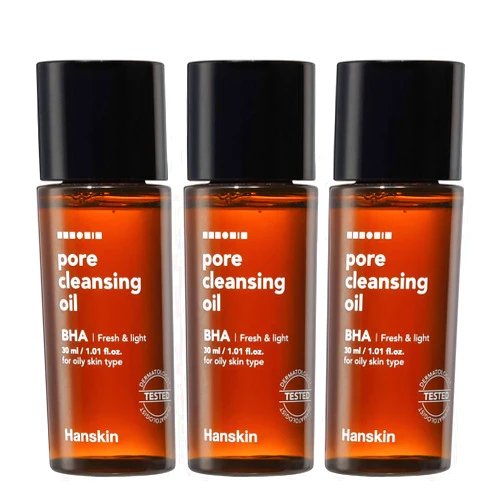 Hanskin BHA Pore Cleansing Oil, Sample Trial Size, Travel Size Mini Makeup Remover Set, Gentle Blackhead Cleanser for Combination and Oily Skin [30 ml/Pack of 3]