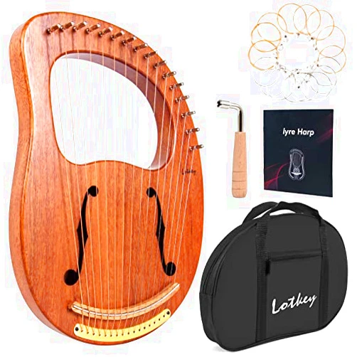 LOTKEY Lyre Harp, Lotkey 16 Metal Strings Iron Saddle Mahogany Lyre Harp with Tunning Wrench, Extract Strings, Manual and Gig Bag