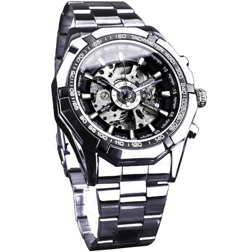 FORSINING Men's Watch Self-Wind Skeleton Hollow Out Mechanical Automatic Luxury Watches, Blue Black Stainless Steel Band Waterproof Wristwatch