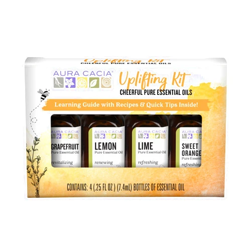 Aura Cacia Cheerful Pure Essential Oils Uplifting Kit, 0.25 fl oz 4-Pack, Grapefruit, Lemon, Lime, Sweet Orange Aromatic Oils