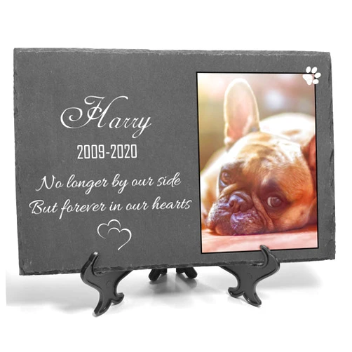 TULLUN Personalized Memorial Plaque + Stand for Pet Cat Dog Slate Stone Frame Paw Grave Marker - Size | 7.8