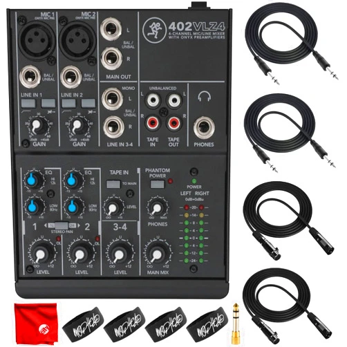 Mackie 402VLZ4 4-Channel Ultra-Compact Mixer Bundle with 2x Mophead 10-Foot TRS Cable, 2x 10-Foot XLR Cable, 1/4