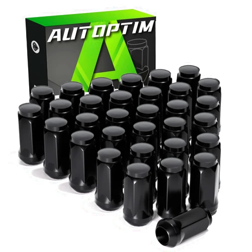 AUTOPTIM M14x1.5 Lug Nuts - Replacement for Chevrolet Silverado, GMC Sierra 2500 3500 HD, Ford F250 F350, Ram 2500 3500 Aftermarket Wheel 32 PCs Black Closed End Bulge Acorn Skinny Long Lug Nuts