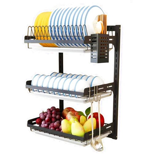 USHARP Wall Mounted Dish Drying Rack, 3 Tier Hanging Dish Rack Drainer, Wall Mount Kitchen Plate Organizer Storage Shelf with Drain Tray and 3 Hook, Stainless Steel, Black, Large, Ajustable Height (21.8