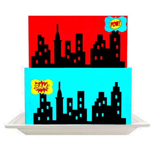 CakeSupplyShop Scenic Theme Stick On/Lay On Cake Border Decoration Toppers (Super Hero Lighted City Backdrop)