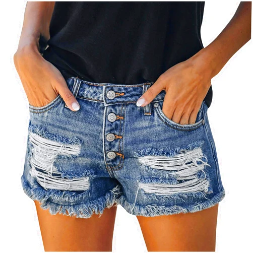 Generic Women's Casual High Waisted Ripped Denim Shorts Frayed Raw Hem Stretch Jeans Shorts