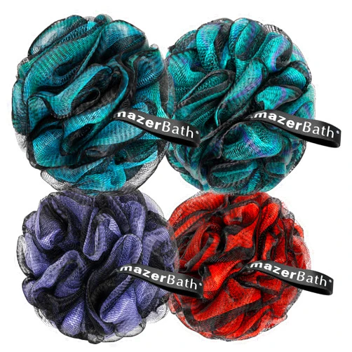 AmazerBath Charcoal Loofah Sponge, Shower Loofah 60g/PCS - Body Scrubber Loofa Set of 4 - Charcoal Blue, Green, Purple & Red, Bath Sponge for Men and Women