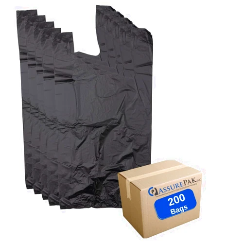 ASSUREPAK Black HDPE T-Shirt Plastic Bags for Retail, Groceries, Merchandise, Convenience Store, Supermarket, Restaurant - 1/6 BBL, 11.5