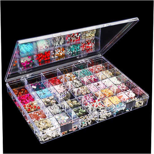 Noverlife 36 Grids Clear Plastic Jewelry Organizer Box, Nail Charm Holder Double Buckle Bead Organizer Storage Container Box, Empty Nail Box Organizer Earring Display Case Acrylic Bead Box for Women