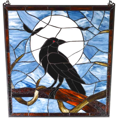 Bieye W10097 Tiffany Style Stained Glass Window Panel with Raven Sitting on Bare Tree Branch against Full Moon Scene for Halloween Decor (Dark Blue, 22