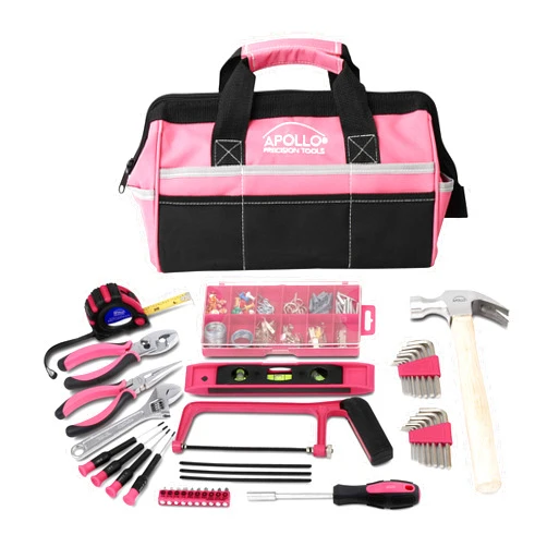 Apollo Tools 201 Piece Home Tool Set, Pink Tool Set Includes Hacksaw, Picture Hanging Assortment, and Selection of Most Needed Tools in Sturdy Tool Bag - Pink Ribbon - DT0020P