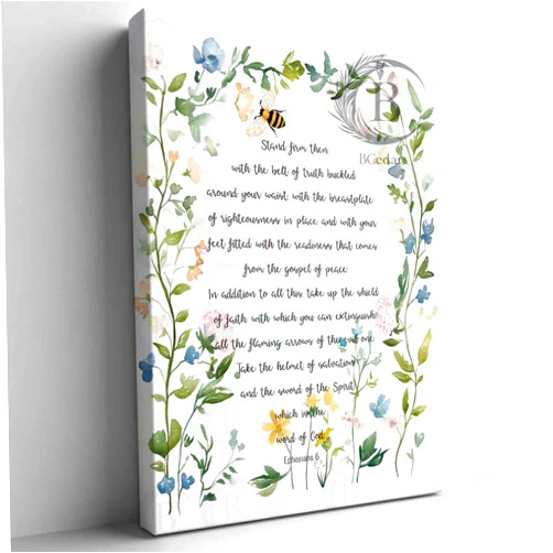 BCedars Canvas Wall Art Armor of God Ephesians Bible Verse Watercolor Wildflowers 8x12 Inches Ready to Hang Perfect for Home Decor and Thoughtful Christian Gifts