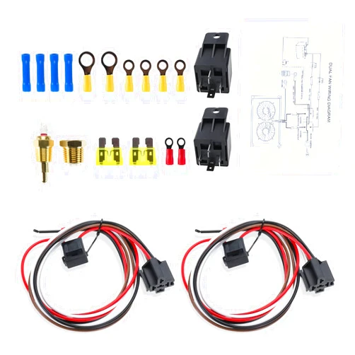 Geeyae 40A Dual Fan Relay Kit with Wires, Automobile Electric Cooling Fan Thermostat Kit 185 On 175 Off Temperature Switch,12V Electric Cooling Radiator Fan Relay Switch Wiring Kit