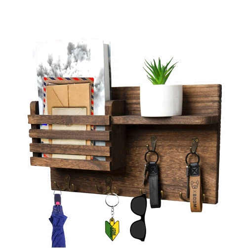 Innoshopp Key Holder for Wall Decorative Wooden Mail Organizer 4 Double Hook Hangers 2 Single Hooks with Floating Shelf Includes Mail Holder, Hooks for Coats and Keys, Home Décor Key Hanger
