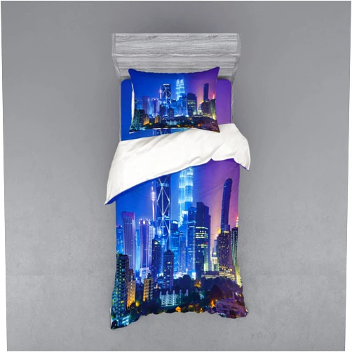 Ambesonne Landscape Bedding Set, Modern Scenery Image with Kuala Lumpur Cityscape Skyscrapers Artwork Print, 3 Piece Duvet Cover Set with Sham and Fitted Sheet, Twin XL Size, Multicolor
