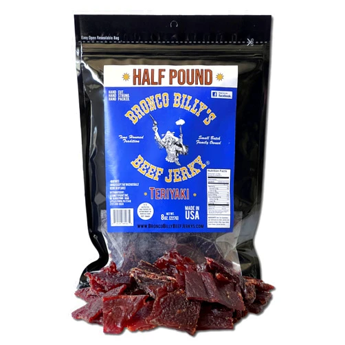 Bronco Billy's Beef Jerky Teriyaki Half Pound Resealable Bag, Made in USA with Premium USDA Beef, Hand Cut, Hand Strung, Hand Packed
