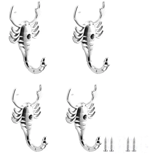 PIYYQNY Hanger Hook 4 Pack Small Animal Hook Decorative Wall Hook Bright Silver Zinc Alloy Coat Hook Suitable for Bedroom Living Room Bathroom Kitchen(Scorpion 90mm)