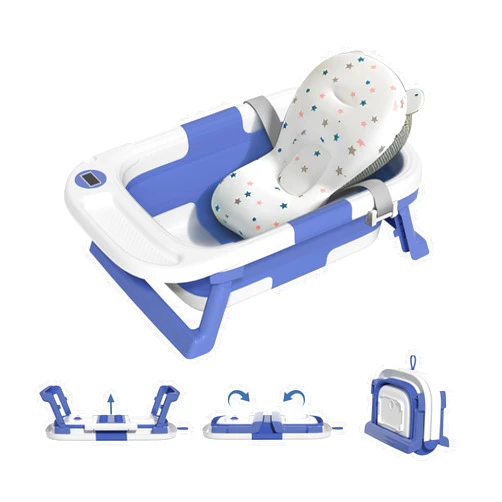 Wwuiuiww Baby Bathtub for Newborn with Thermometer & 1 Soft Floating Cushion,Portable Travel Bathtub with Drain Hole (Blue)