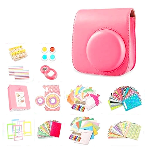 XPIX Fujifilm Instax Mini 9 Flamingo Pink 13 Piece Accessory Bundle Includes Camera Case with Strap, Selfie Lens, Photo Album, Decorative Stickers, Colorful Frames and a Whole Lot More