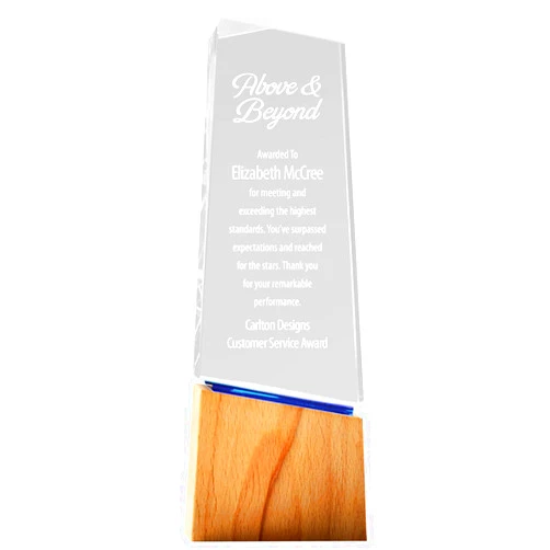 Baudville Custom Engraved Trophy - Wooden Base and Blue Accented Crystal - Modern Design