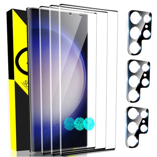 Asstar [3+3Pack Screen Protector for Samsung Galaxy S23 Ultra,3 Pack 9H Tempered Glass Screen Protector With 3 Pack Camera Lens Protector, Fingerprint Support Anti-Scratch Bubble Free Case Friendly
