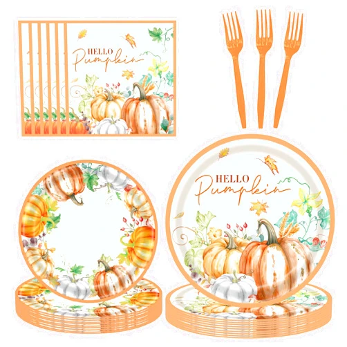 LYFREE 96pcs Fall Thanksgiving Paper Plates and Napkins Holiday Party Supplies, Watercolor Pumpkins Party Tableware Set Disposable Paper Plates Napkins Forks for Autumn Theme Party, Serves 24