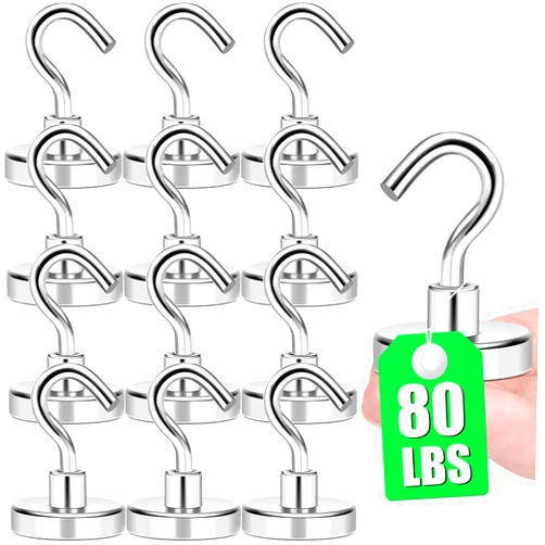 MIKEDE 12 Pack Magnetic Hooks Heavy Duty, 80lbs Strong Magnets with Metal Hooks for Cruise Cabins, Industrial Strength Magnets Hooks Perfect for Hanging on Cruise Ships, Refrigerator