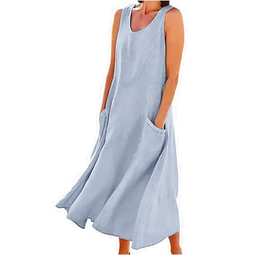 Generic Womens Summer Casual Solid Color Maxi Dress,Women's Cotton and Linen Sleeveless Dress,Long Round Neck Dress with Pockets