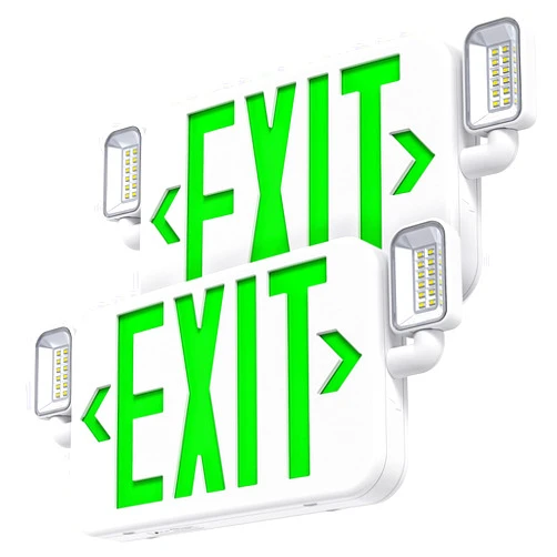 SITISFI Led Combo Emergency Exit Sign Light with Two Adjustable Head Lights and Backup Battery,US Standard Green Letter Commercial Emergency Exit Lighting,UL 924,120/277V (2Pack)