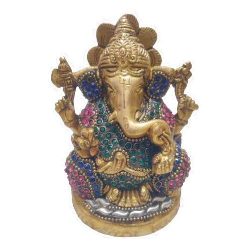 Generic Noorish Creations Hindu God Lord Ganesha (Ganapathi or Vinayaka) Brass Statue with Beads, for Table Top, Home Temple, Office/Shop Counter