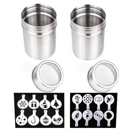 TuNan 2 Pcs 10oz Stainless Steel Powder Shakers, TuNan Coffee Cocoa Cinnamon Dredges with Fine-Mesh Lid, Sugar Spice Seasoning Cans for Kitchen Cooking Baking Home Restaurant, with 16 Decorating Stencils