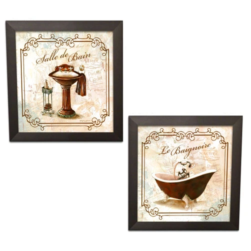 Gango Home Decor Classic Prints for Decorating Bathroom; Salle De Bain & Le Baignoire (Two 12x12in Framed Pieces) Ready to hang!