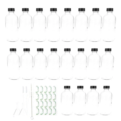 Maredash 8oz Clear Glass Bottles, 20 Pack Glass Storage Bottles with Black Lids (20 Labels, with Funnels, Droppers and Brush)