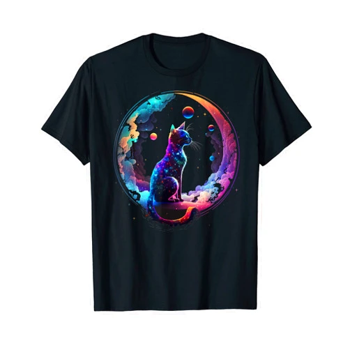 Funny Cat Designs by J Cosmic Cat Cool Colorful Crescent Moon and Clouds Kitten T-Shirt