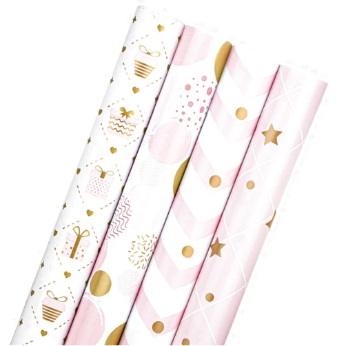 JUSTASHOW Gift Wrapping Paper, 4 Rolls Birthday Wrapping Paper for Girls Women kids adults, 17x118 Inches Per Roll Wrapping Paper for Birthday, Christmas Baby Shower(Pink)
