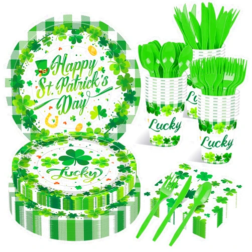 Jremreo 175 Pcs St. Patrick's Day Tableware Set - Serves 25, Green Lucky Shamrock and Plaid Disposable Plates, Cups, Napkins, Forks, Spoons, Knives for St. Paddy's Day, Irish-Themed Birthday Party Supplies